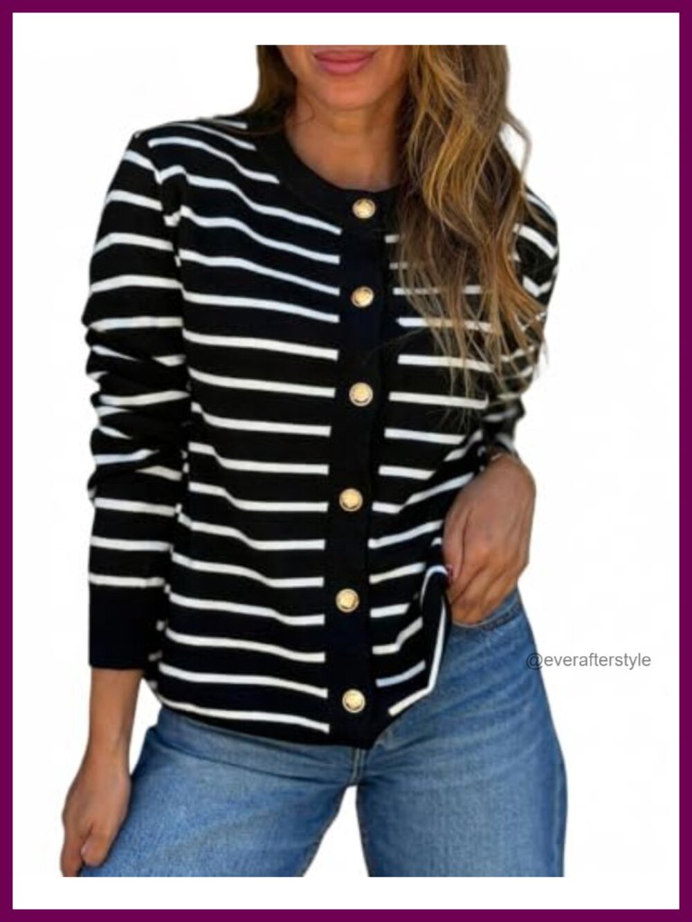 Striped Knit Cardigan Crewneck Button Down Sweater Relaxed Fit Long Sleeve
